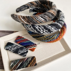 Winter chunky knit headband and matching hair clips set in colorful wool blend fabric