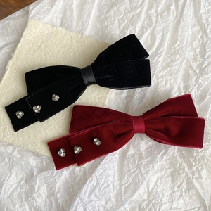 French style velvet bow hair clips with heart shaped rhinestones in black and red colors