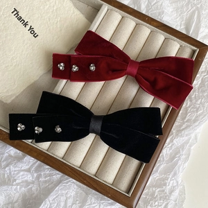Elegant velvet bow hair clips with rhinestones in black and wine red colors