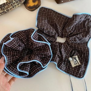 Vintage Karo Stoff Scrunchies Blau Braun Kariert Haargummis Kontrastpaspel Pferdeschwanz Halter Mit Künstliche Perle Bären Etikett Damen Haarschmuck