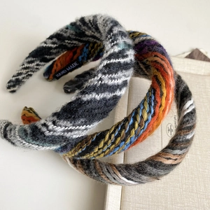 Three-piece set of knitted wool headbands in vintage textures and colorful weave patterns