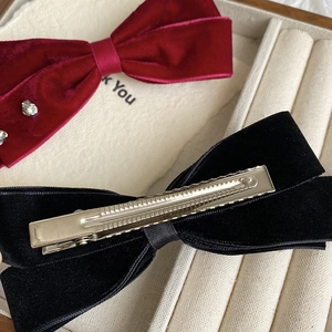 Elegant French velvet bow hair clips with rhinestones in black and wine red colors