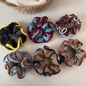 Vintage Plaid Striped Fabric Scrunchies Contrast Velvet Edging Large Elastic Hair Ties For Women Girls Hair Accessories