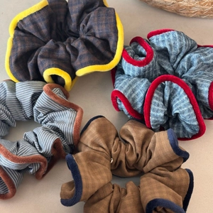 Set of 4 oversized plaid and striped fabric hair scrunchies with velvet contrast edges
