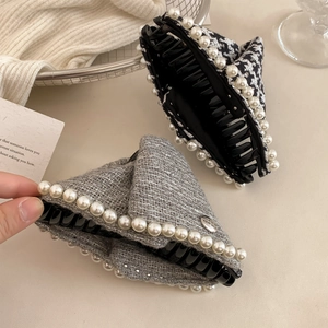 Französischer Stil Hahnentritt Tweed Stoff Haarklammer Mit Künstliche Perlen Elegante Große Shark Clip Haarschmuck Für Damen Mädchen