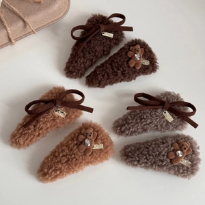 6pcs plush bear hair clips set in brown autumn tones with bows and rhinestones