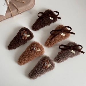 Set of six plush bear and bow hair clips in brown Maillard tones with golden metal plates