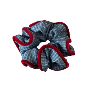 Blue-grey twill scrunchie with contrasting red velvet piping edge for stylish hair styling