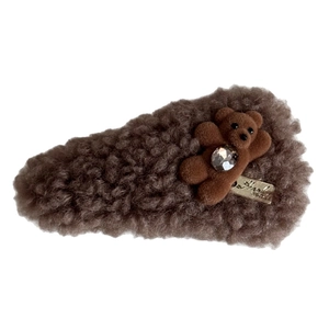 Brown plush bear hair clip with velvet bear and rhinestone detail for autumn winter style