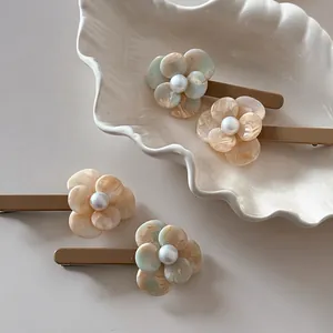 Elegant Korean Style Acetate Flower Hair Clips With Artificial Pearl Marble Texture Side Duckbill Clips For Women Hair Accessories