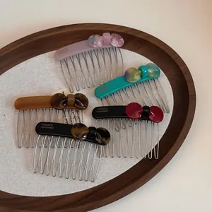 French Handmade Cellulose Acetate Bow Hair Comb Metal Teeth Insert Comb Marble Tortoise Pattern Hair Accessory For Women