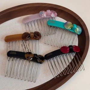 5-piece vintage acetate bow hair combs with marble textures and handmade metal teeth