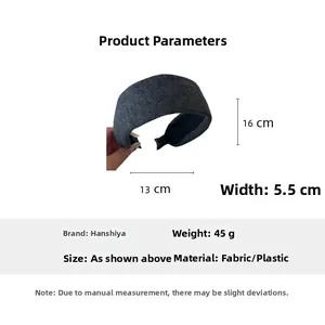 Detailed size chart showing dark gray knit headband dimensions 16x13cm and 5.5cm width