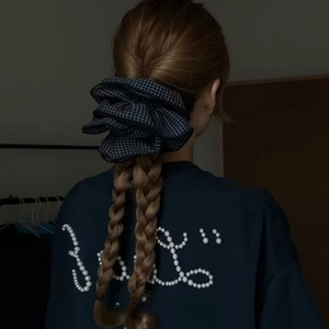 Korean Style Oversized Blue Plaid Scrunchie Multi Layer Ruffled Large Hair Tie Cotton Blend Ponytail Holder For Women