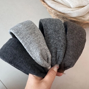 Detail of four-piece wool blend knitted headbands in assorted grey and brown tones