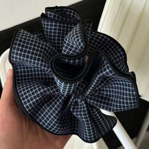 Minimalist blue and black plaid large scrunchie with layered fabric design for women