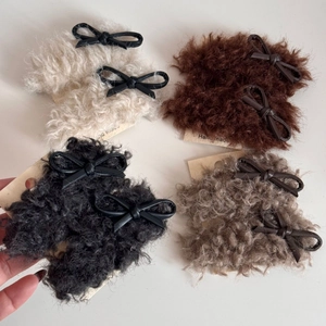 Plush lamb wool hair clips with PU leather bows in white, brown, and black colors