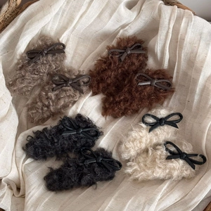Faux Lamb Wool Bow Hair Clip PU Leather Plush BB Clip Autumn Winter Sweet Bangs Side Clip Vintage Hair Accessory For Women