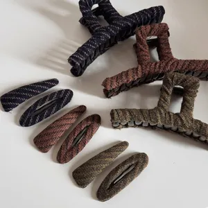 Vintage Tweed Fabric Wrapped Hair Claw Clip Large Square Retro Striped Pattern Elegant Hair Accessory For Women Styling Thick Hair