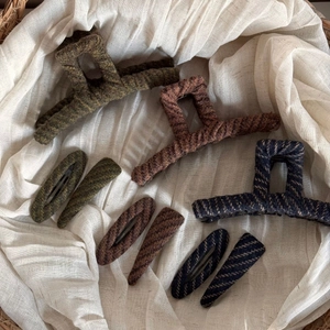 Vintage fabric wrapped hair claw clips and BB pins set in autumn winter striped textures