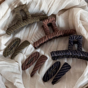 Vintage tweed fabric hair claw clips and small side pins set for women in autumn colors