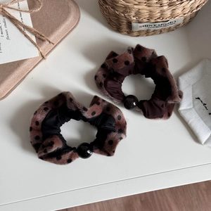 Brown plush polka dot scrunchies with black pearls for elegant women's hairstyles