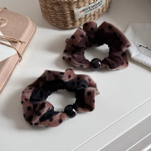 Plush polka dot scrunchie set with pearl detail for winter hairstyles and ponytails