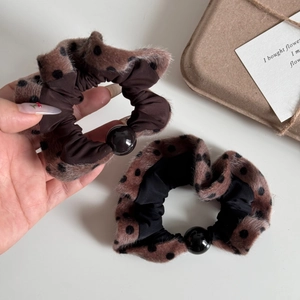 Plush polka dot scrunchies with pearls, elegant elastic hair ties for high ponytails