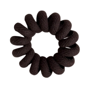Elastic twill fabric spiral phone cord hair tie in dark brown for ponytail styling