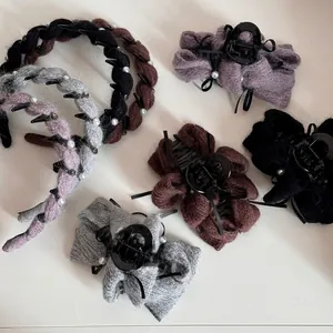 Herbst Winter Strick Schleife Haarklammer Für Damen Künstliche Perle Garn Haarklemme Handgefertigt Elegant Shark Clip Haarschmuck