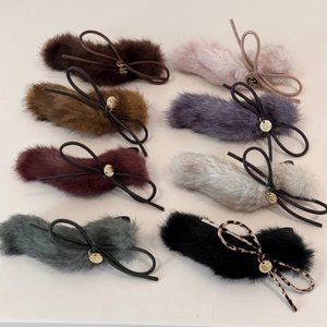 Set of 8 plush bow hair clips with gold tags in various colors for women autumn winter