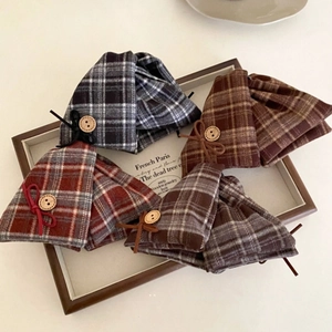 Vintage Plaid Fabric Bow Hair Claw Clip Large Retro Check Pattern Hairclip With Wooden Button Elegant Shark Clip For Women