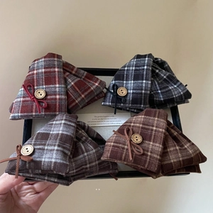Retro plaid bow shark hair clip with wooden button in four colors for women's bun