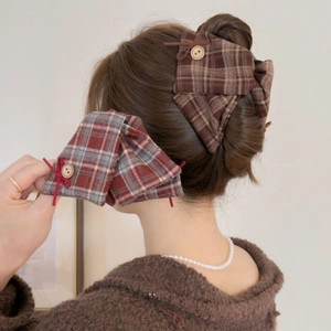 Vintage plaid bow hair claw clip for women, elegant large shark clip for autumn and winter