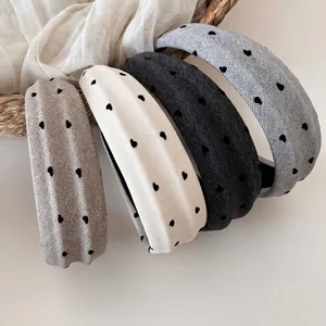 Korean Style Padded Flocked Heart Polka Dot Headband For Women Vintage Cloth Sponge Wide Headband Autumn Winter Hair Accessories