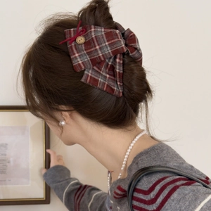 Vintage red plaid bow hair claw clip for women's bun hairstyle with wooden button accent
