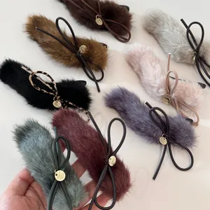 Autumn Winter Plush Bowknot Hair Clip Elegant Faux Fur Duckbill Clip With Gold Metal Tag Hairpin Women Hair Accessories