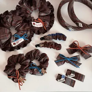 Vintage Plaid Cloth Bow Hair Clip For Women Autumn Winter Tweed Hair Tie Banana Clip Headband Retro British Hair Accessory