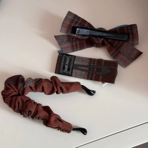 Three-piece brown plaid fabric hair clip set including bow and handmade rectangle clip