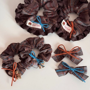 Retro plaid bow hair clip and bear scrunchie set in warm brown and blue fabric