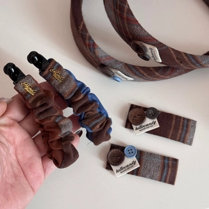 Autumn brown plaid fabric bow hair clip set with handmade gold button details