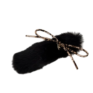 Elegant plush duckbill hair clip with leopard print bow and gold metal logo charm
