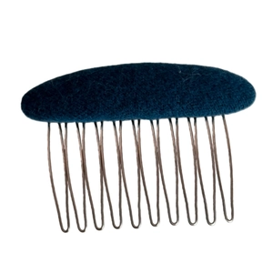 Minimalist oval fabric hair comb with ten metal teeth in dark blue-green finish