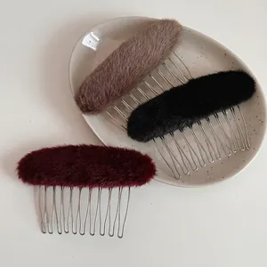 Elegante Pettine per Capelli in Peluche Ovale per Donna Clip per Capelli in Lega di Pelliccia Sintetica Autunno Inverno Moda Tinta Unita