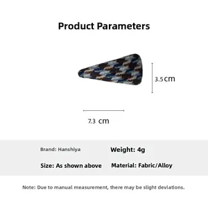 Detailed view of the plaid fabric triangle hair clip with size dimensions 7.3cm x 3.5cm