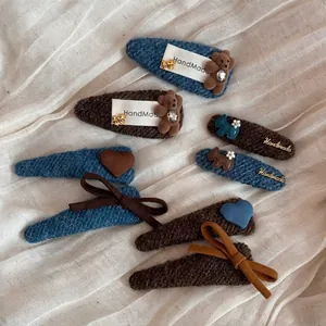 Vintage Stoff Haarklammern Set Mit Bär Herz Hund Muster Strass Legierung Haarnadel Für Damen Tägliche Haar-Accessoires