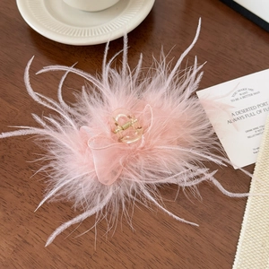 Elegant light pink feather hair claw clip with gauze and gold metal spring details