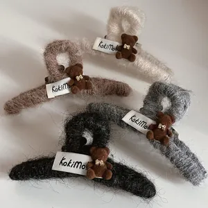 Women Cute Teddy Bear Plush Hair Claw Clip Handmade Bowknot Faux Fur Shark Clip Large Elegant Autumn Winter Hair Accessories
