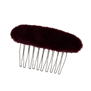 Elegante pettine per capelli in pelliccia bordeaux con denti in metallo argento
