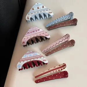 Sweet Acetate Hair Claw Clip Set Cartoon Bear Kitten Pattern Checkerboard Polka Dot Hair Accessories For Women Girls